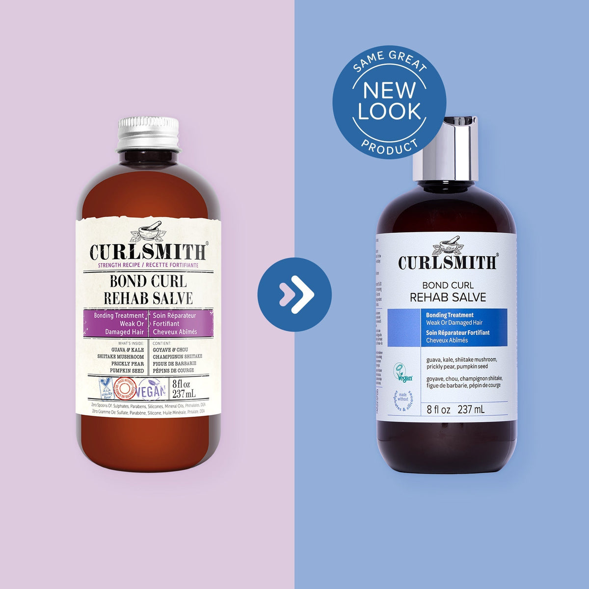 Two bottles of Curlsmith Bond Curl Rehab Salve on a light purple and blue background with a 'Same Great Product, New Look' label.