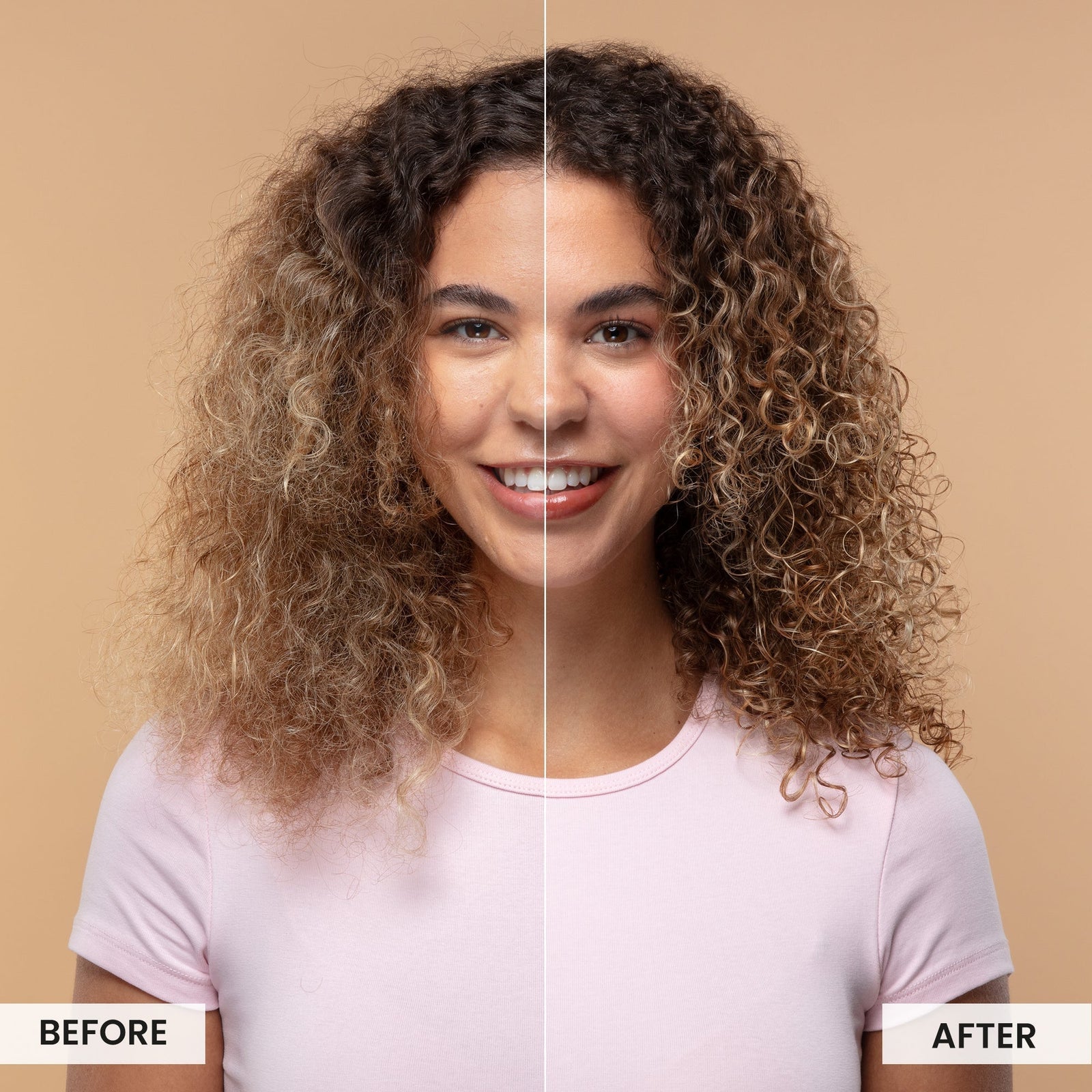 Before and after comparison of a woman with curly hair on a beige background