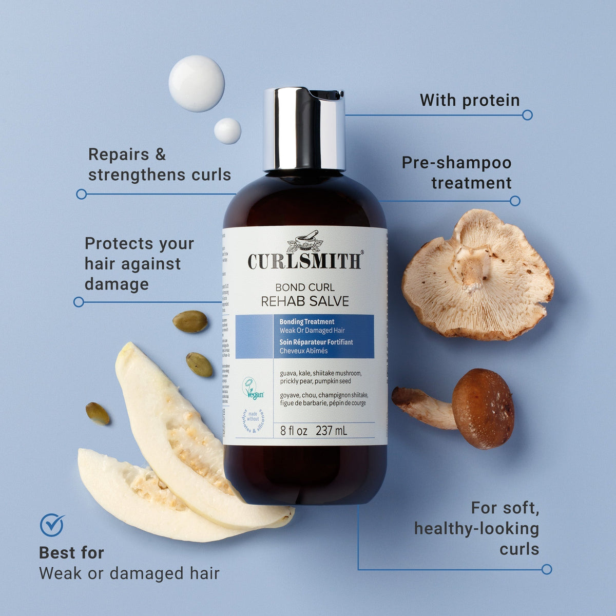 Curlsmitth bond curl rehab salve bottle with text on a blue background