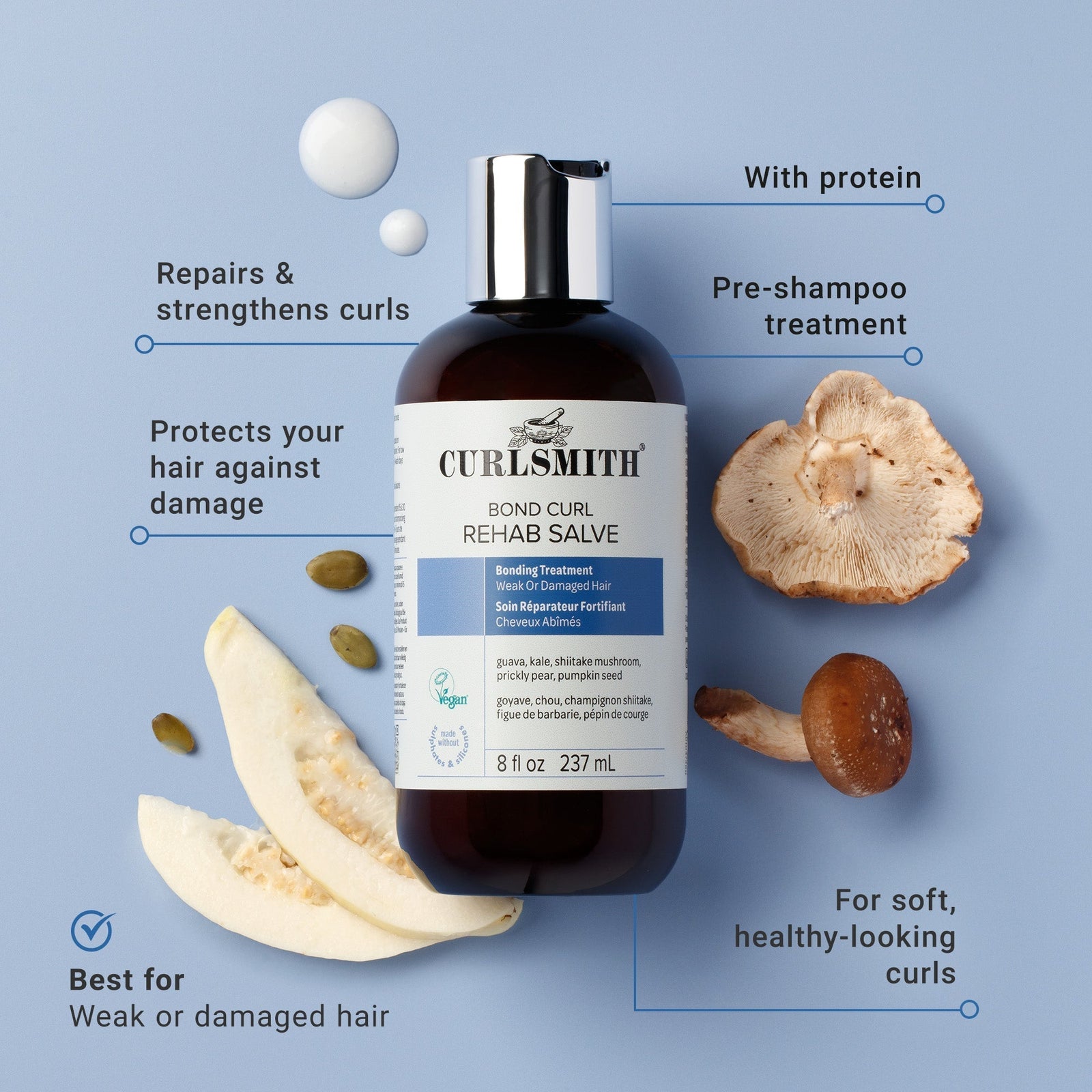 Curlsmitth bond curl rehab salve bottle with text on a blue background