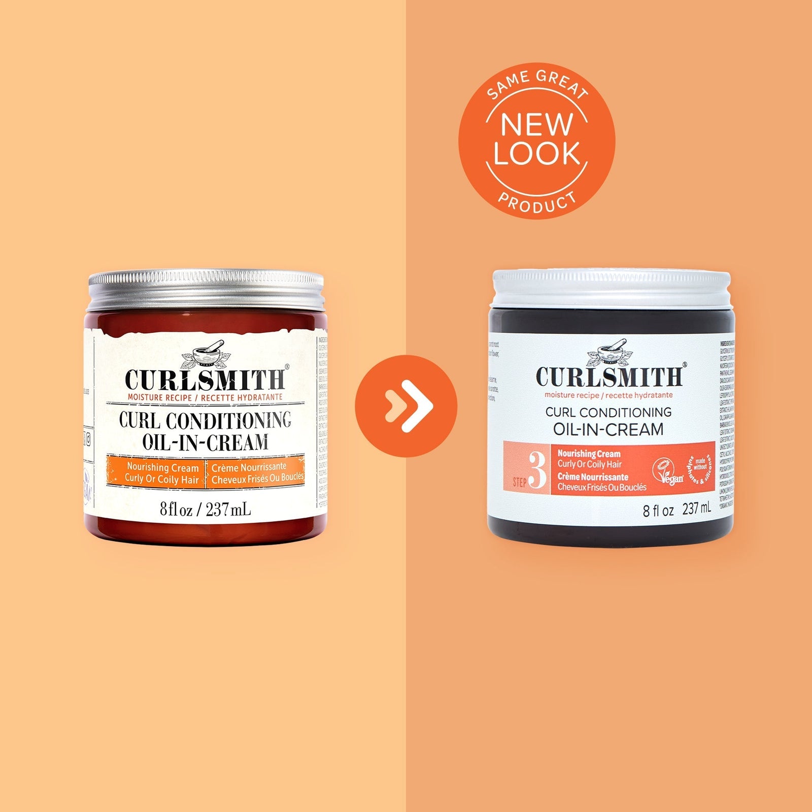 Two jars of Curlsmith Curl Conditioning Oil-In-Cream with a label indicating 'Same Great Product, New Look'.