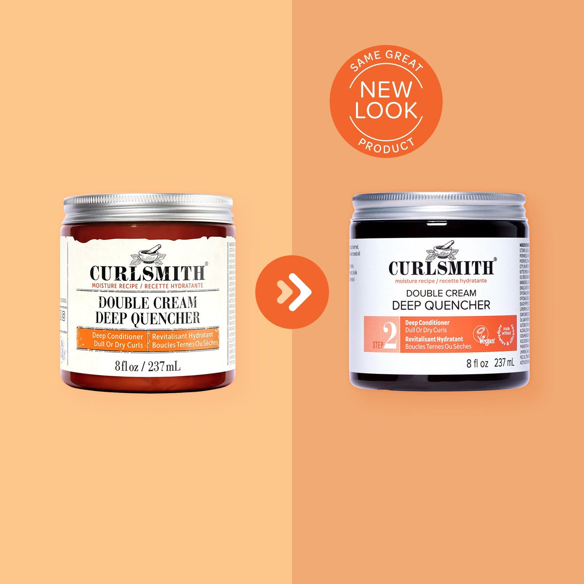 Two jars of Curlsmith Double Cream Deep Quencher on a peach background with a label indicating 'Same Great Product, New Look'.