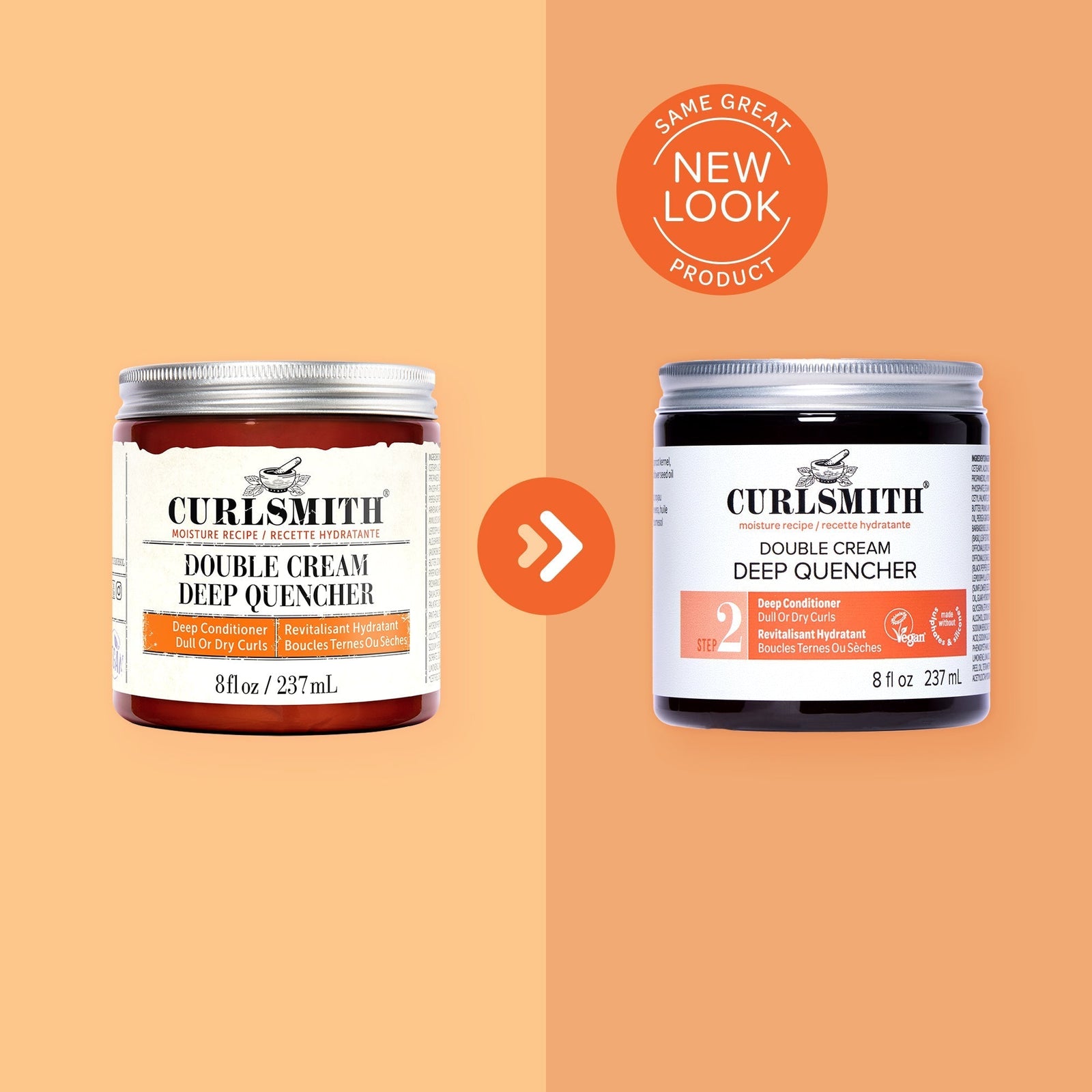 Two jars of Curlsmith Double Cream Deep Quencher on a peach background with a label indicating 'Same Great Product, New Look'.