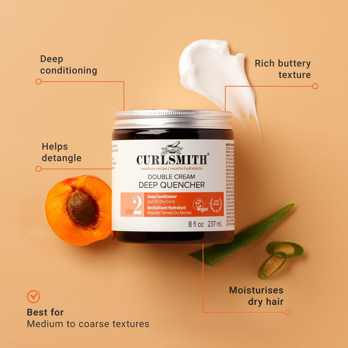 Curlsmith Double Cream Deep Quencher jar with apricot and aloe on a beige background