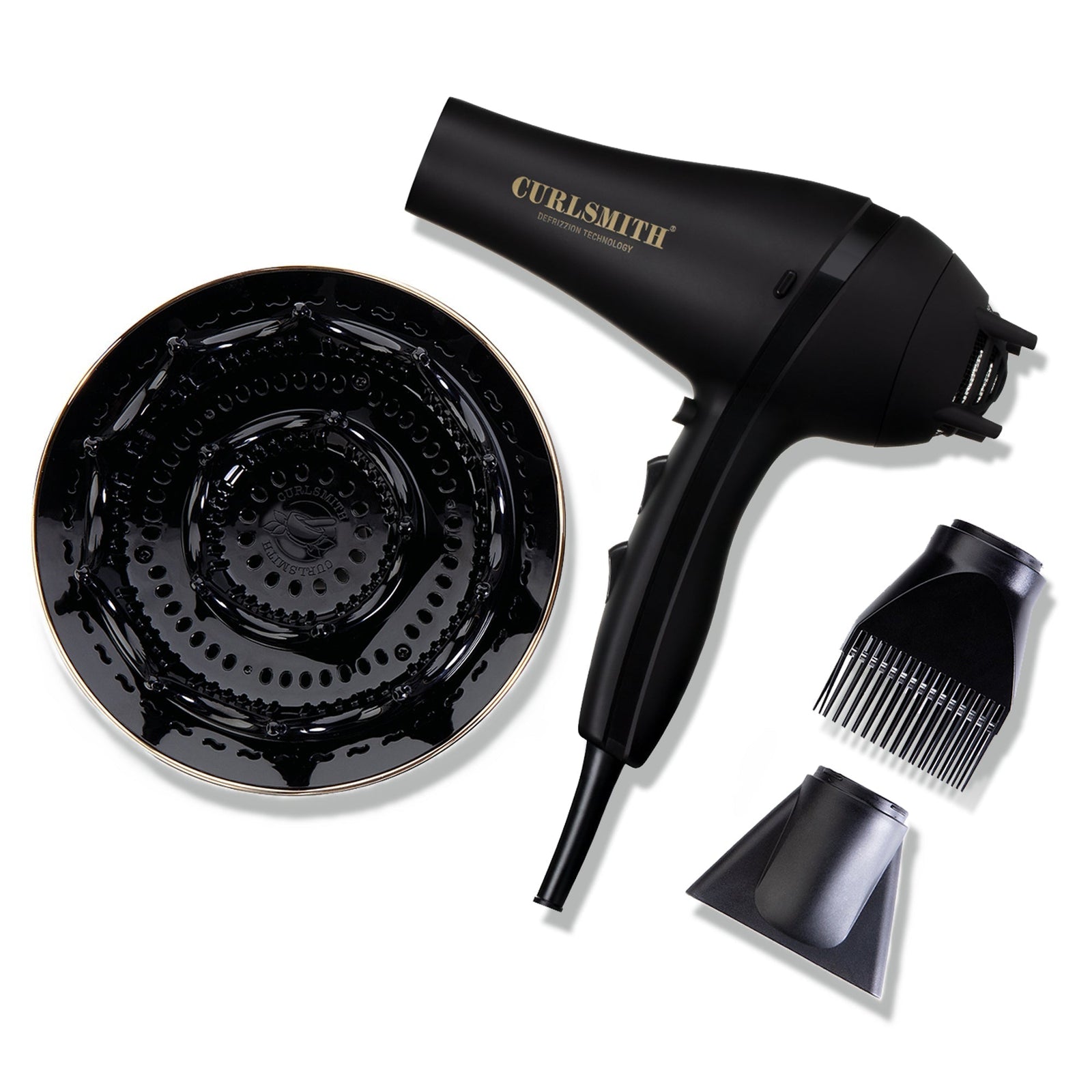 Black hair dryer with attachments on a white background, featuring the 'Curlsmith' brand.