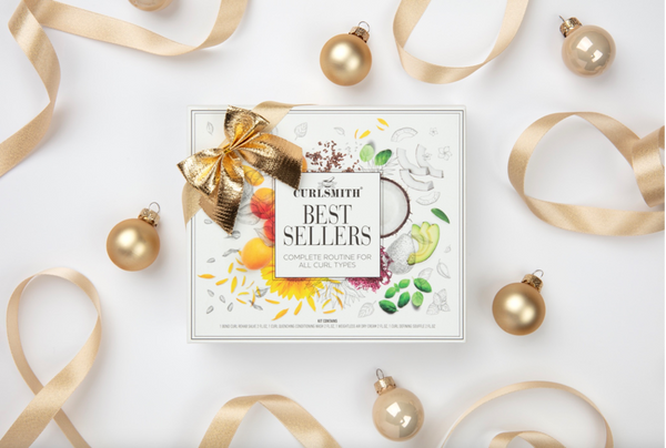 Curlsmith bestsellers box with Christmas ornaments on a white background