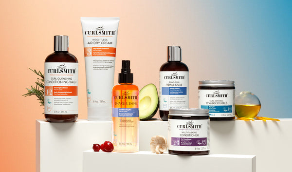 Curlsmith products on a multi-coloured background