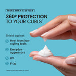 Hand applying hair product with text about 360-degree curl protection on a blue background