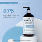 Curlsmith conditioner bottle on a light blue background with text about hair softness.