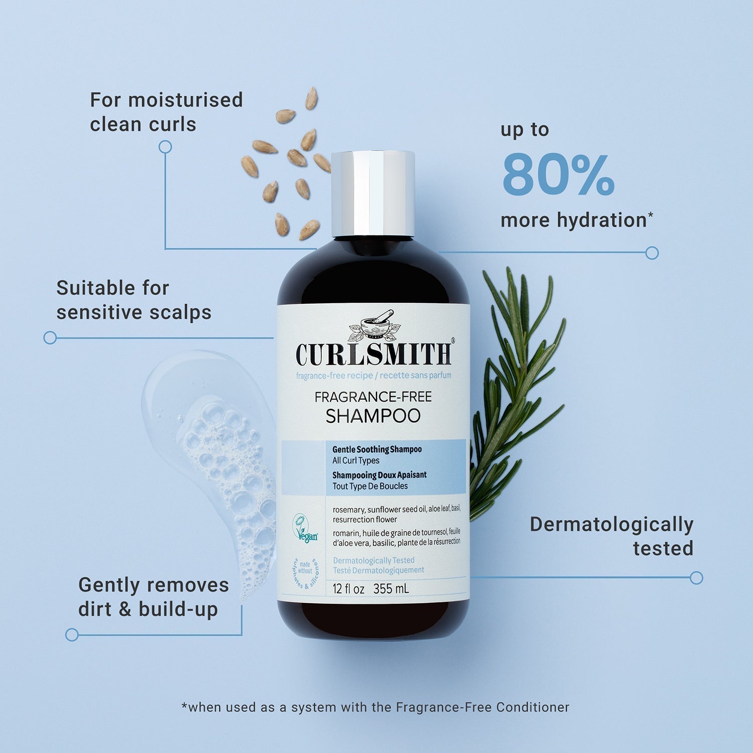 Curlsmith fragrance-free shampoo bottle with product features on a blue background