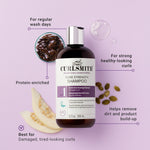Curlsmith core strength shampoo bottle on a purple background with product benefits text.