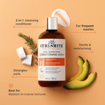Curlsmith Curl Quenching Conditioning Wash bottle with avocado and soap on an orange background
