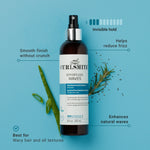 Curlsmith styling spray bottle with product features on a blue background