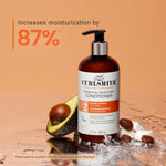 Curlsmith essential moisture conditioner bottle with avocado and almonds on a brown background