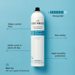 Curlsmith hairspray can with features listed on a blue background