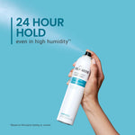 Hand holding a can of hairspray with '24 Hour Hold' text on a blue background
