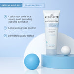 Curlsmith Strong Hold Gel tube with product features on a light blue background
