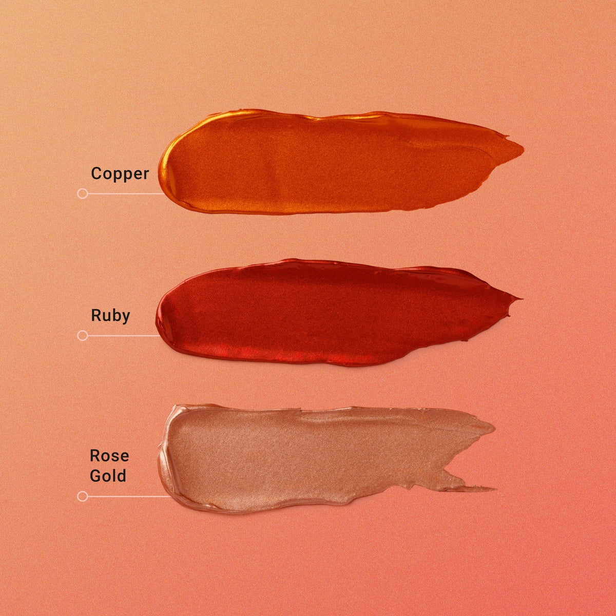 Three swatches of different metallic colors labeled 'Copper', 'Ruby', and 'Rose Gold' on a peach background.