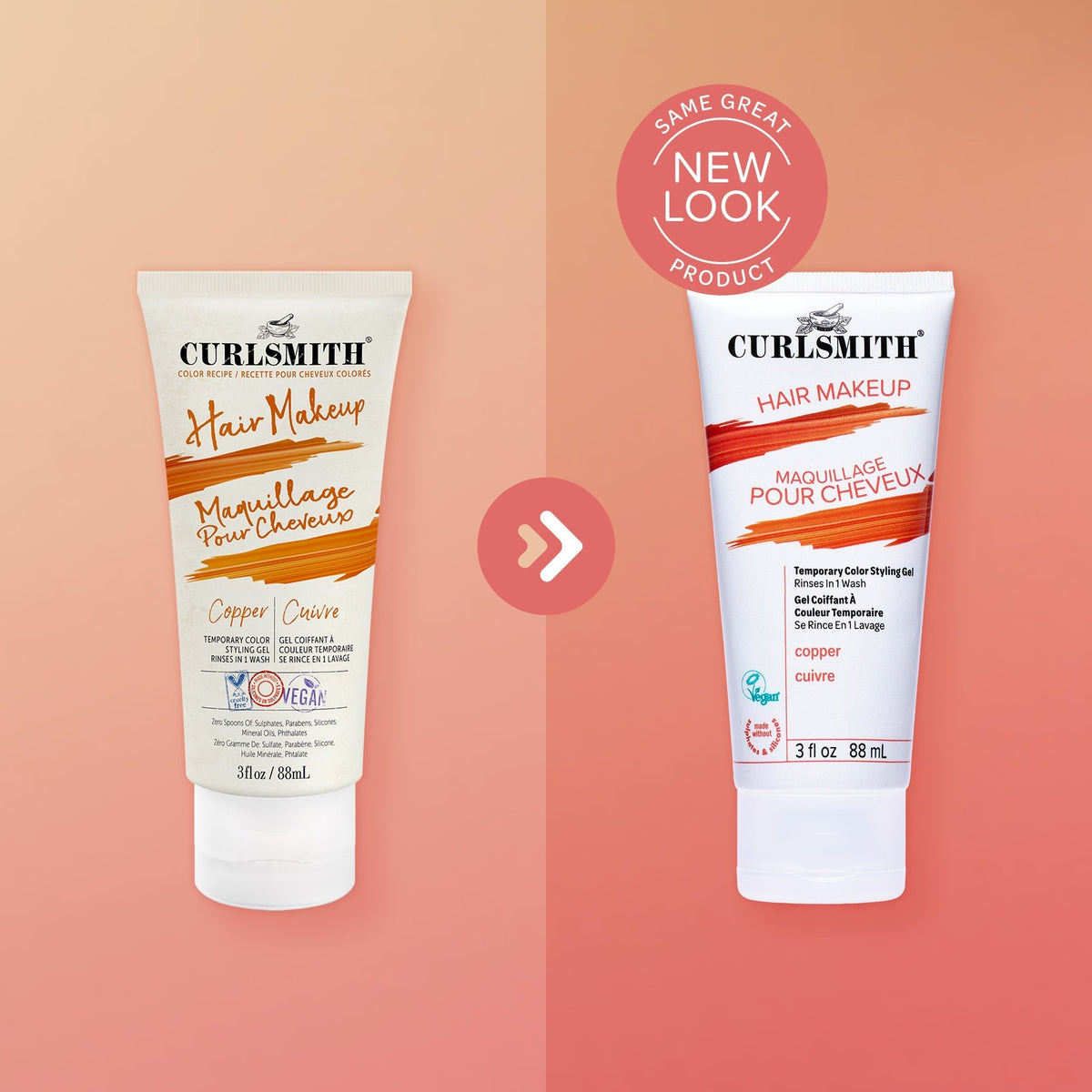 Two bottles of Curlsmith Hair Makeup on a peach background with a 'Same Great New Look' label.