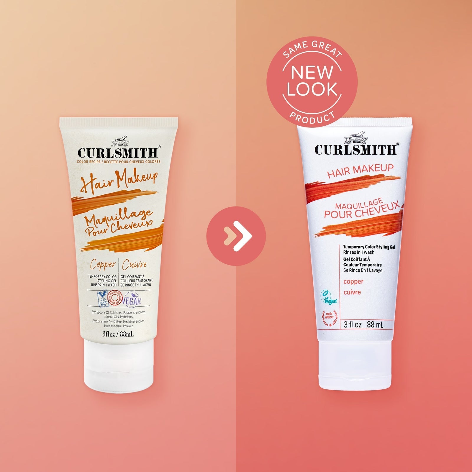 Two bottles of Curlsmith Hair Makeup on a peach background with a 'Same Great New Look' label.