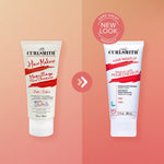 Two bottles of Curlsmith Hair Makeup on a peach background with a 'Same Great Product, New Look' label.
