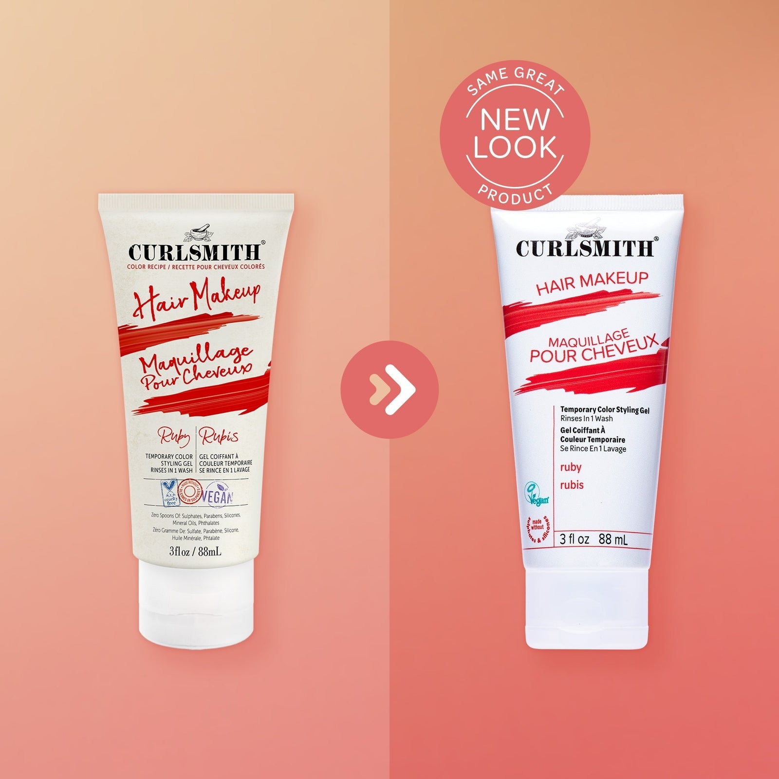Two bottles of Curlsmith Hair Makeup on a peach background with a 'Same Great Product, New Look' label.