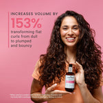Woman holding a bottle of Curlsmith product with text on a pink background
