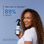 Woman holding a bottle of hair product with text about hair shininess on a blue background