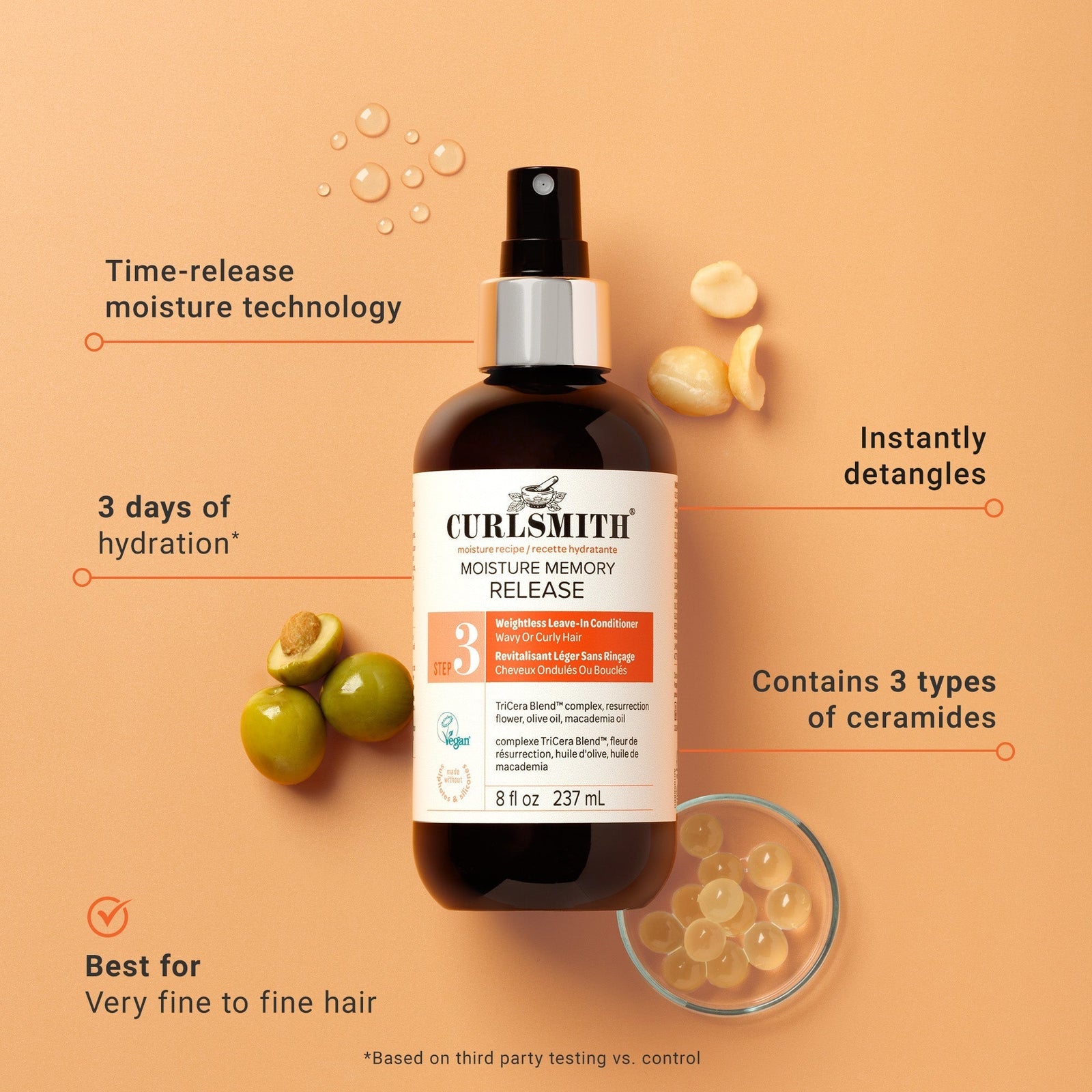 Bottle of Curlsmith hair product with features highlighted on an orange background