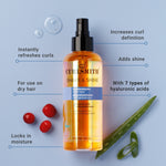 Curlsmith Shake & Shine hair product bottle with features on a blue background