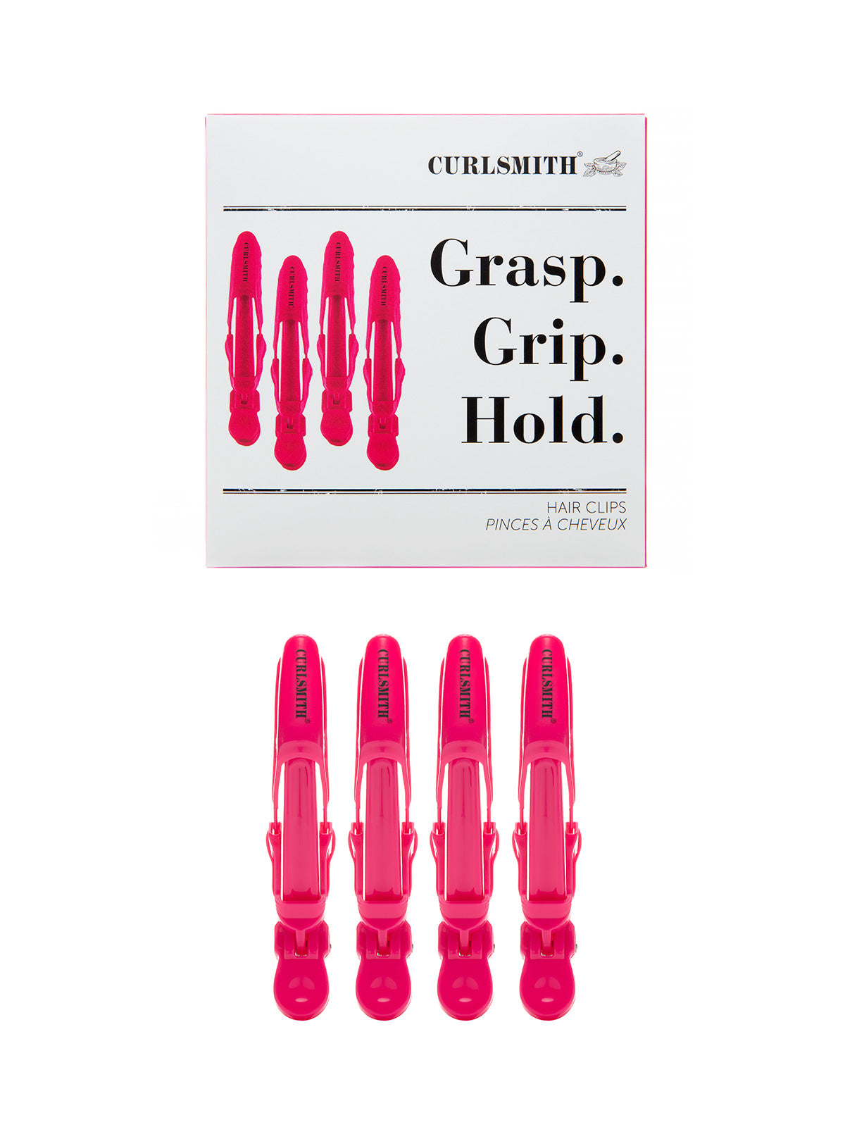 Set of pink hair clips with 'Curlsmith' packaging on a white background