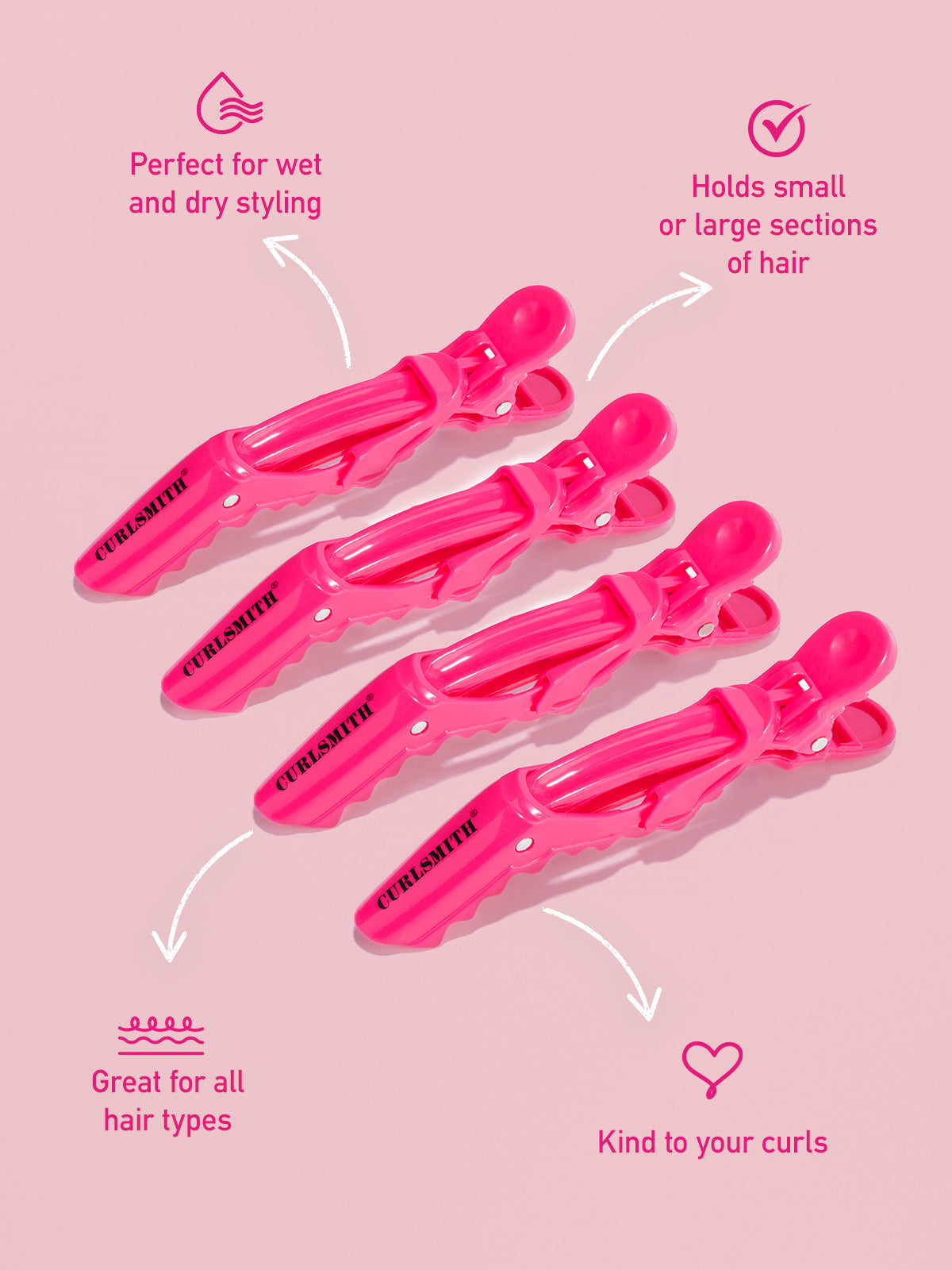 Set of pink hair clips on a pink background with text describing their features.